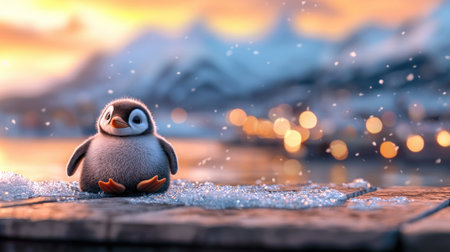 A cute, fluffy penguin stands on a snowy surface, with a colorful sunset and blurred lights in the background, creating a charming winter scene.の素材
