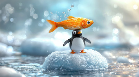 A whimsical scene featuring a penguin balancing a goldfish on its head atop an ice floe, surrounded by shimmering water and floating ice.の素材
