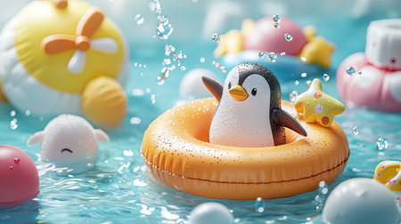 A cute penguin floats in an orange inflatable ring amidst colorful pool toys, splashing water in a vibrant, sunny pool setting.の素材