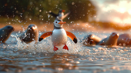 A playful penguin splashes through water, surrounded by seals, capturing a lively moment in the wild.の素材
