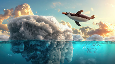 A penguin soars above the icy waters, under a beautiful sky, showcasing a remarkable blend of nature's beauty and wildlife.の素材