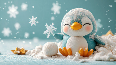 A cute penguin figurine surrounded by snow, snowflakes, and decorative stars, evoking a cheerful winter atmosphere.の素材