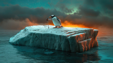 A lone penguin stands on an ice floe, surrounded by water, under a dramatic sky with hints of fire and colorful tones.の素材