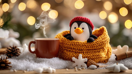 A cute penguin plush in a cozy yellow sweater next to a steaming mug, surrounded by festive decorations and snow.の素材