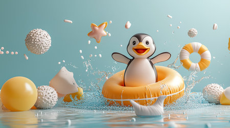 A cheerful cartoon penguin floats in a pool surrounded by colorful balls and starfish, creating a fun, playful scene full of splashes and joy.の素材