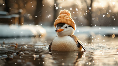 A cute, smiling penguin wearing a knitted hat swims in a snowy pond, surrounded by falling snowflakes.の素材