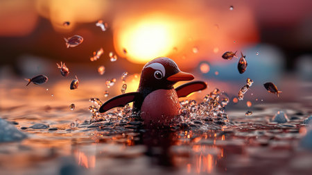 A playful penguin splashes in the water during sunset, surrounded by ice, capturing a moment of nature's beauty.の素材