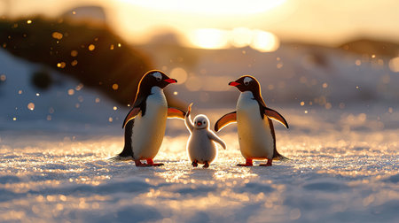 A charming scene of two adult penguins and a chick on a snowy landscape, illuminated by a warm sunset, creating a heartwarming family moment.の素材