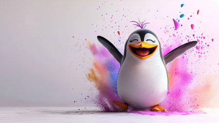 A cheerful cartoon penguin stands happily amidst colorful splashes of paint, exuding a playful and vibrant energy.の素材