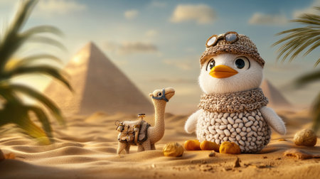 A cute, adventurous bird wearing a hat sits in a desert with pyramids, accompanied by a whimsical camel figure amidst palm trees.の素材
