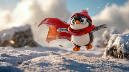 A cheerful penguin in a red hat and scarf joyfully leaps through a snowy landscape, embodying the spirit of winter adventure.の素材