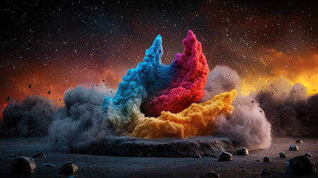 A vibrant explosion of colorful clouds against a dark background, creating a dynamic and dramatic cosmic scene.の素材