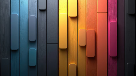 A vibrant display of textured wooden panels in various colors, showcasing a modern, artistic design with contrasting hues and patterns.の素材