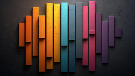 A colorful abstract arrangement of vertical bars against a dark textured background, evoking a sense of harmony and rhythm.の素材