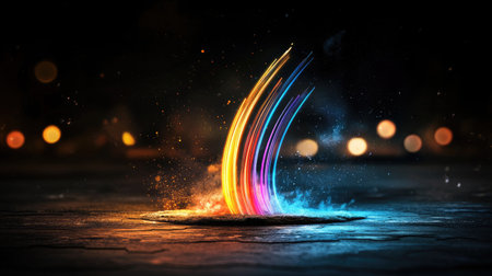 A vibrant display of colorful water splashes against a dark backdrop, shimmering with lights, evoking a sense of motion and energy.の素材