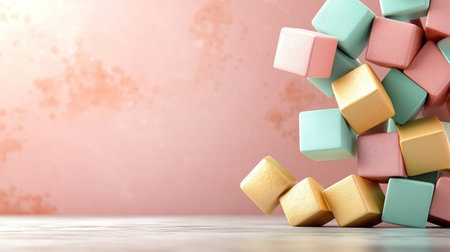 Colorful pastel blocks are stacked and scattered on a light surface, creating a playful and modern aesthetic against a soft pink background.の素材