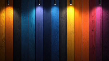 A vibrant wall display featuring colorful wooden planks illuminated by soft lighting, creating a warm and inviting atmosphere.の素材