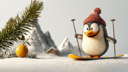 A whimsical penguin wearing a hat skis on snow, surrounded by a winter landscape and a small orange object, evoking a playful winter scene.の素材