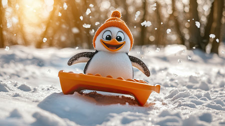 A cheerful penguin figurine wearing a hat, riding a sled through a snowy landscape, surrounded by falling snowflakes and warm sunlight.の素材