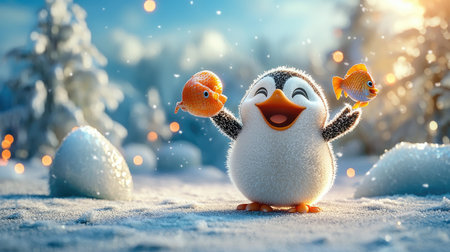 A cheerful penguin in a snowy landscape, joyfully holding two orange fish with a sparkling, wintry backdrop.の素材