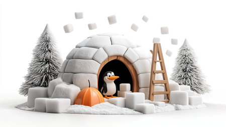 A whimsical scene featuring a penguin inside an igloo, surrounded by snow, trees, and a playful theme, highlighting winter fun.の素材