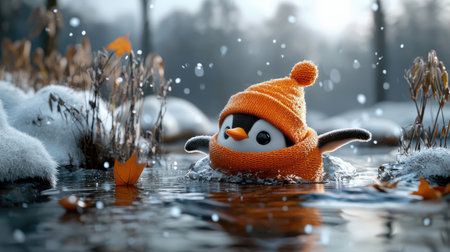 A cute penguin in an orange hat splashes playfully in a snowy pond, surrounded by a serene winter landscape.の素材