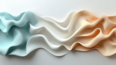 A wavy ribbon in soft pastel colors of blue, white, and peach laid on a smooth, light background.の素材
