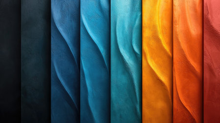 A vibrant gradient of colors with textured waves creates a visually captivating abstract pattern across vertical panels.の素材