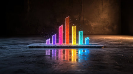 A vibrant bar graph displays colorful statistics, reflecting on a wet surface, creating a striking visual effect in a dark environment.の素材