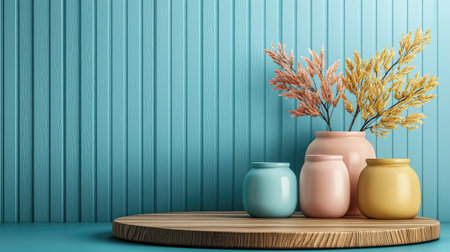 Colorful vases with dried flowers are arranged neatly on a wooden slab against a textured turquoise wall.の素材