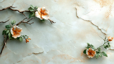 A serene background featuring delicate peach flowers and branches against a textured, pale blue wall.の素材