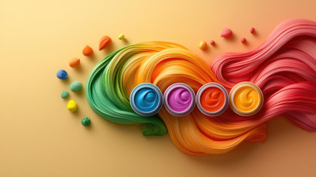 A vibrant swirl of colorful paint and creative tools on a warm background showcases artistic expression and imagination.の素材