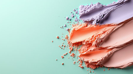 A vibrant display of colorful creams spread on a mint green surface, showcasing shades of purple, orange, and peach in an artistic arrangement.の素材
