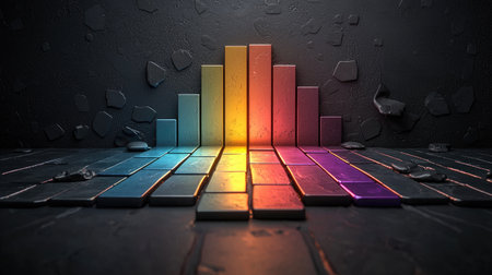 A colorful soundwave visualization with gradient bars rising against a dark background, symbolizing music, rhythm, and creativity.の素材