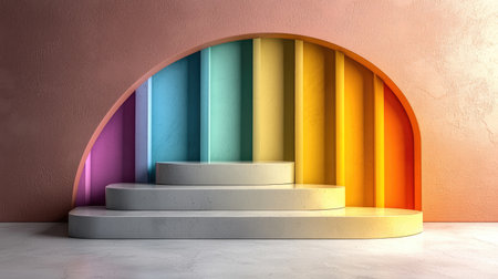 A vibrant, minimalist staircase arching through a colorful gradient, showcasing an artistic blend of pastel hues and smooth textures.の素材