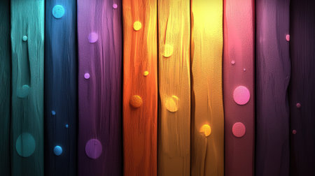Colorful wooden planks with a vibrant texture, featuring circular patterns that enhance their artistic appeal.の素材