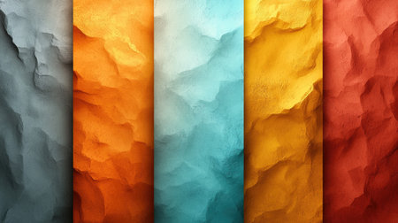 A vibrant abstract pattern featuring textured surfaces in shades of blue, orange, yellow, and red, creating a dynamic visual appeal.の素材