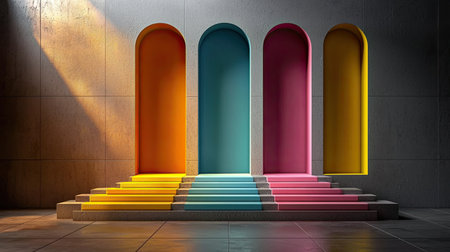 A vibrant abstract setting featuring colorful arches and stairs illuminated by soft lighting, creating a dynamic visual contrast.の素材
