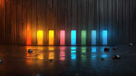 Vibrant, glowing bars in a rainbow of colors reflect on a wet surface, creating a striking visual against a dark, textured background.の素材