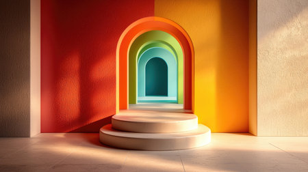 A vibrant and artistic interior featuring colorful arches and smooth steps, creating a visually striking and inviting atmosphere.の素材