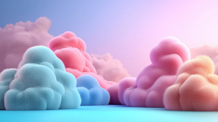 A colorful, fluffy cloudscape featuring pastel pink, blue, and purple clouds against a soft gradient background.の素材