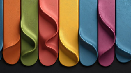 A vibrant array of colored fabric swatches, showcasing rich textures and flowing curves, arranged in a visually appealing display.の素材