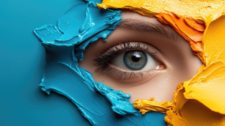 A close-up of a stunning blue eye partially obscured by colorful paint, showcasing an artistic and vibrant expression.の素材