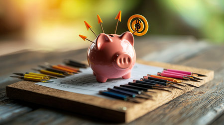 A piggy bank with arrows stuck in it sits among colorful pens, symbolizing financial challenges and creative solutions.の素材