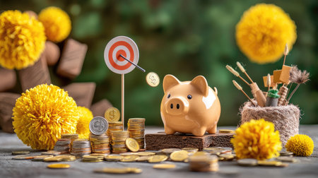 A whimsical still life featuring a piggy bank, coins, a target, and vibrant yellow flowers, symbolizing savings and financial goals.の素材