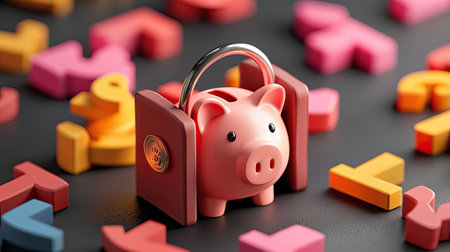 A colorful piggy bank secured with a padlock, surrounded by foam letters, symbolizes saving and financial literacy.の素材