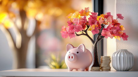 A charming display featuring a pink piggy bank beside an ornamental tree with pink leaves, set against a softly lit background.の素材