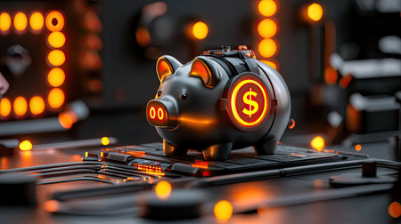 A modern piggy bank with glowing dollar signs, surrounded by electronic circuits and orange lights, symbolizes digital finance and savings.の素材