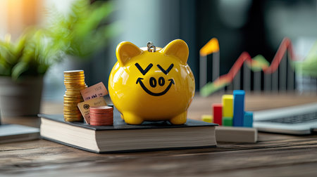 A cheerful yellow piggy bank sits on a book, surrounded by coins and colorful graphs, symbolizing savings and financial growth.の素材