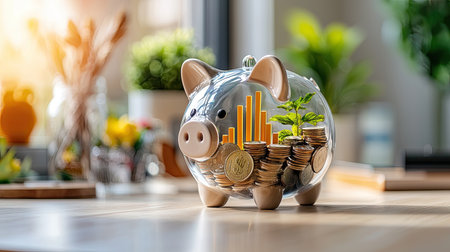 A transparent piggy bank filled with coins and plants, symbolizing saving and financial growth in a bright, modern setting.の素材